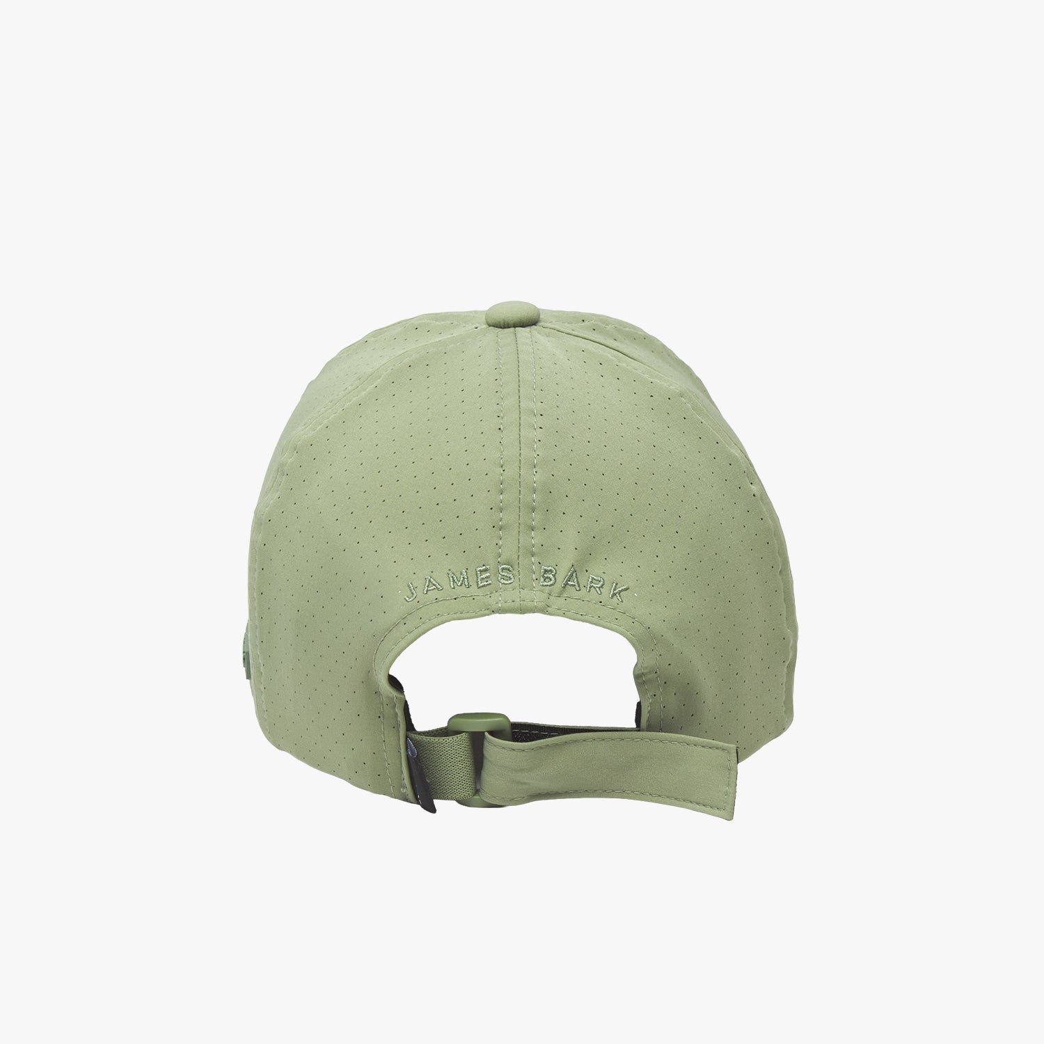 Back view of a green cap with 'James Bark' branding on a white background