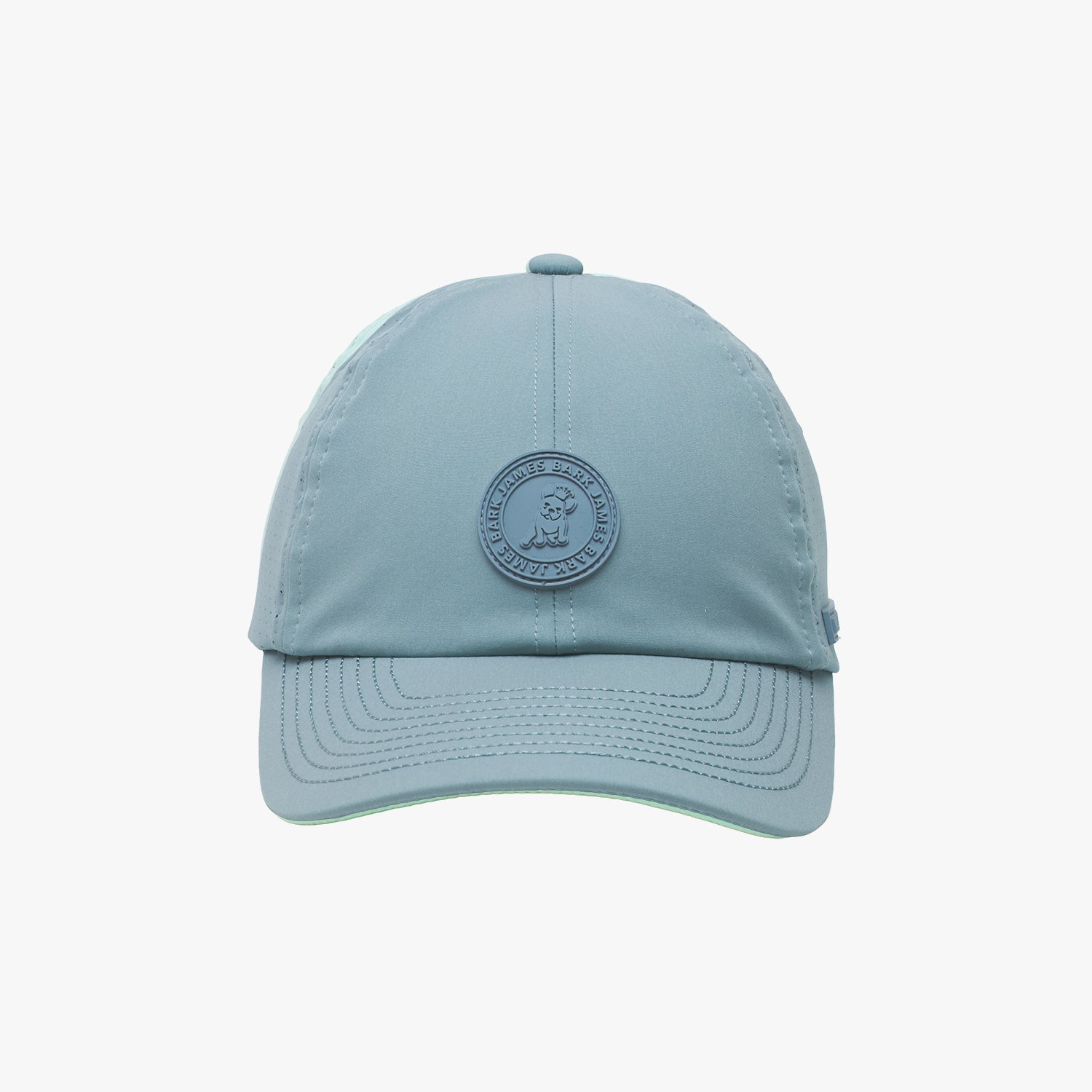 Light blue baseball cap with a logo on a white background