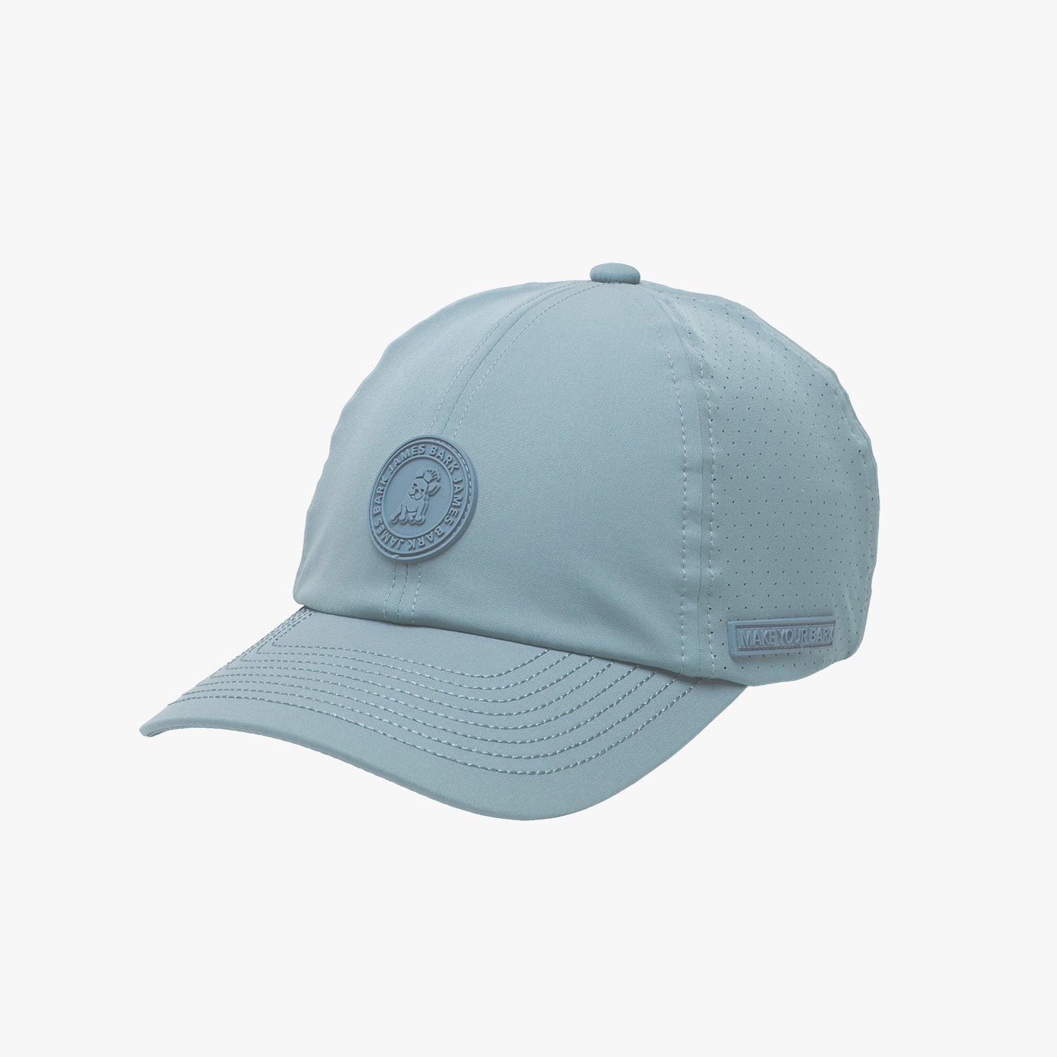 Side view of a light blue baseball cap with a logo on a white background