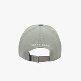 Rear view of the grey cap showing "JAMES BARK" text in white letters
