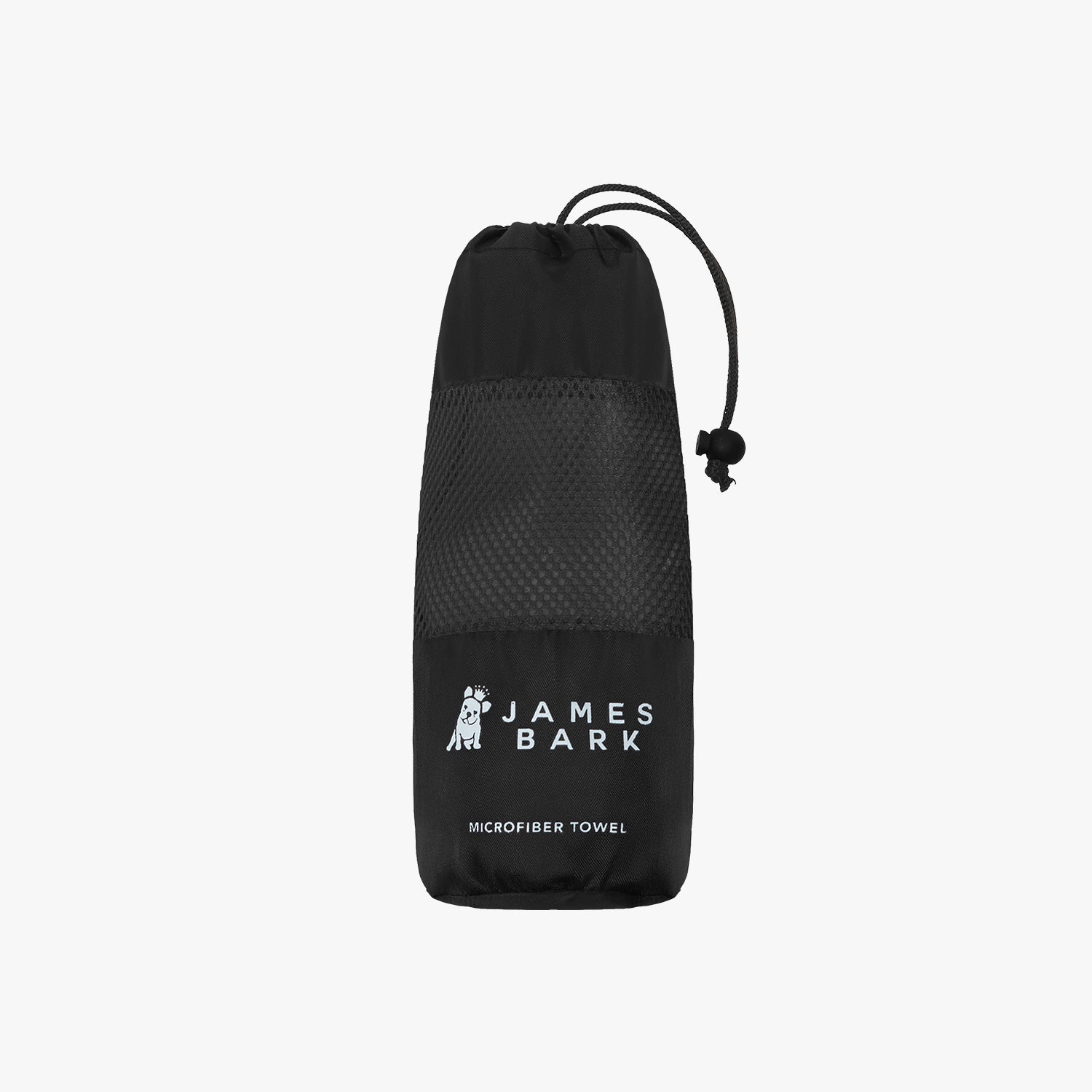 Black microfiber towel with 'James Bark' branding on a white background