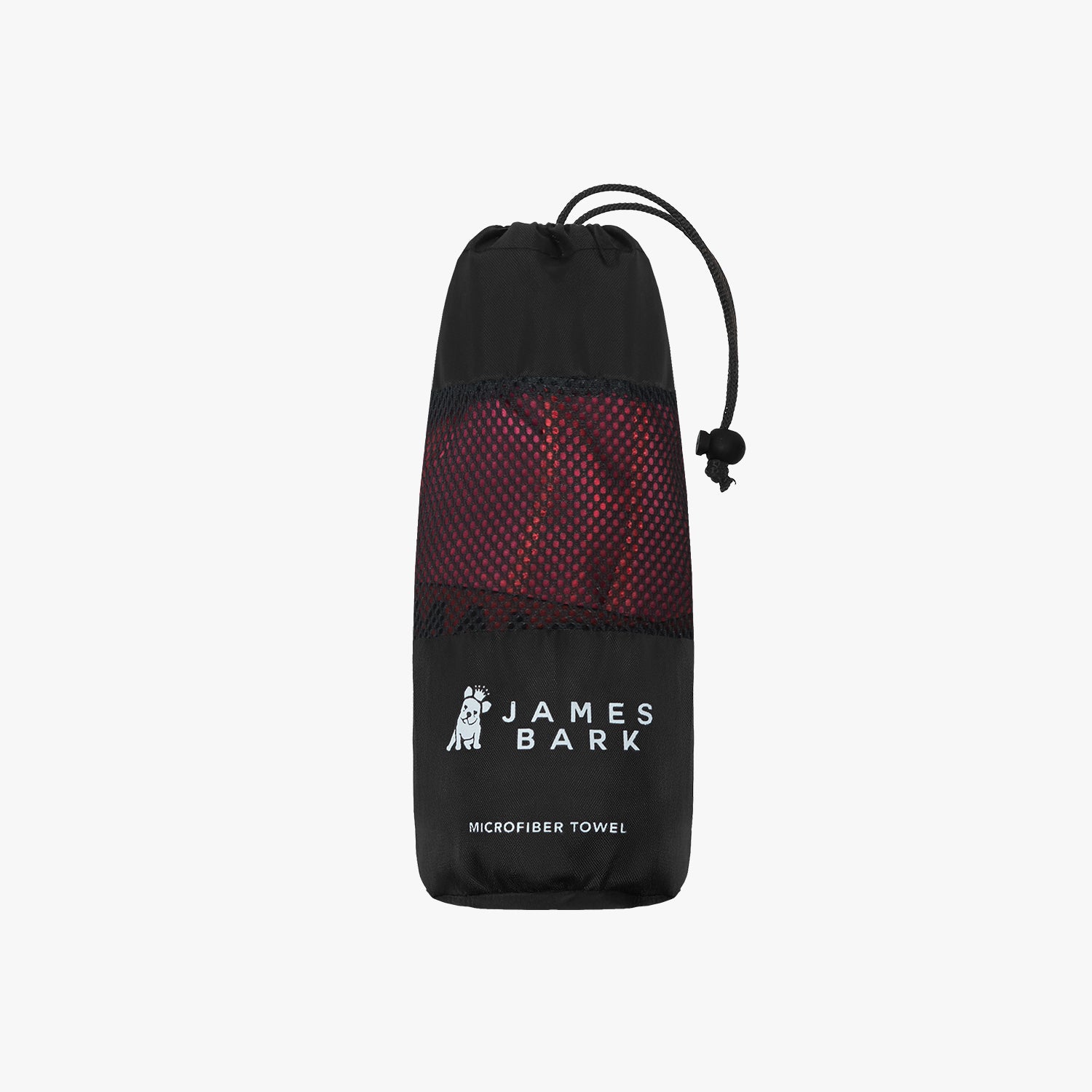 Black drawstring bag with red interior for James Bark microfiber towel on a white background
