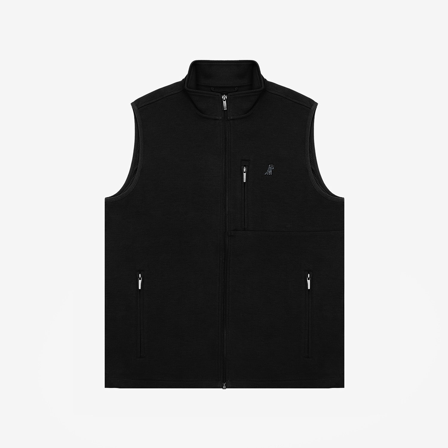 A flat-lay image of the black sleeveless vest version of the jacket, showing the front view.