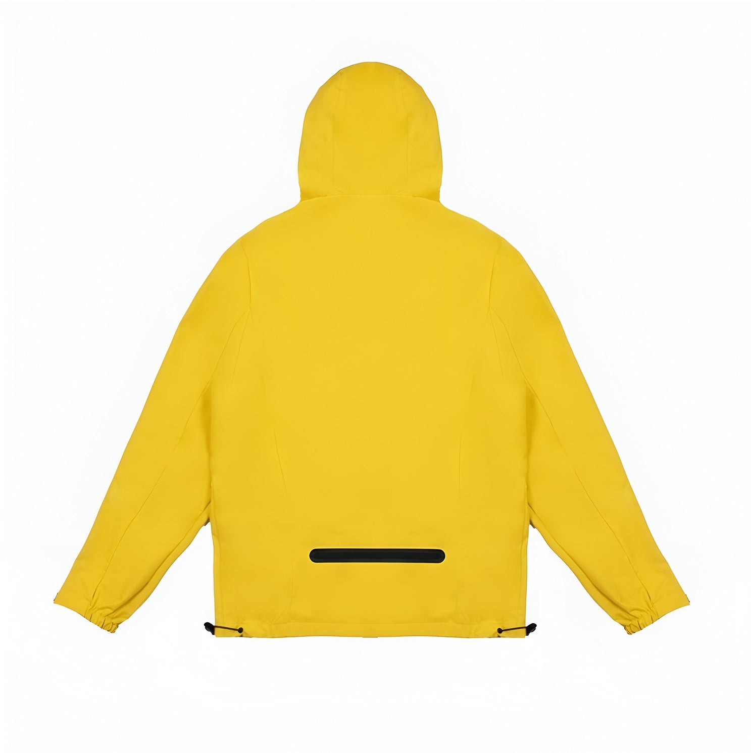 Back view of a yellow James Bark jacket with a hood. The design features a sleek, minimalistic look, with a single black zipper pocket near the bottom and adjustable drawstrings at the hem for a tailored fit. The jacket has a streamlined appearance with no visible seams or additional detailing on the back.