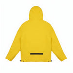 Back view of a yellow James Bark jacket with a hood. The design features a sleek, minimalistic look, with a single black zipper pocket near the bottom and adjustable drawstrings at the hem for a tailored fit. The jacket has a streamlined appearance with no visible seams or additional detailing on the back.