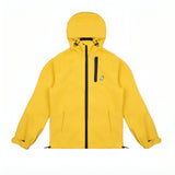 A bright yellow hooded jacket with a black zipper running down the center. The jacket features a small embroidered white dog logo on the left chest and a black vertical zipper pocket on the chest. It has adjustable drawstrings at the hood and hem, along with elastic cuffs. The jacket’s sleek design emphasizes functionality and style.