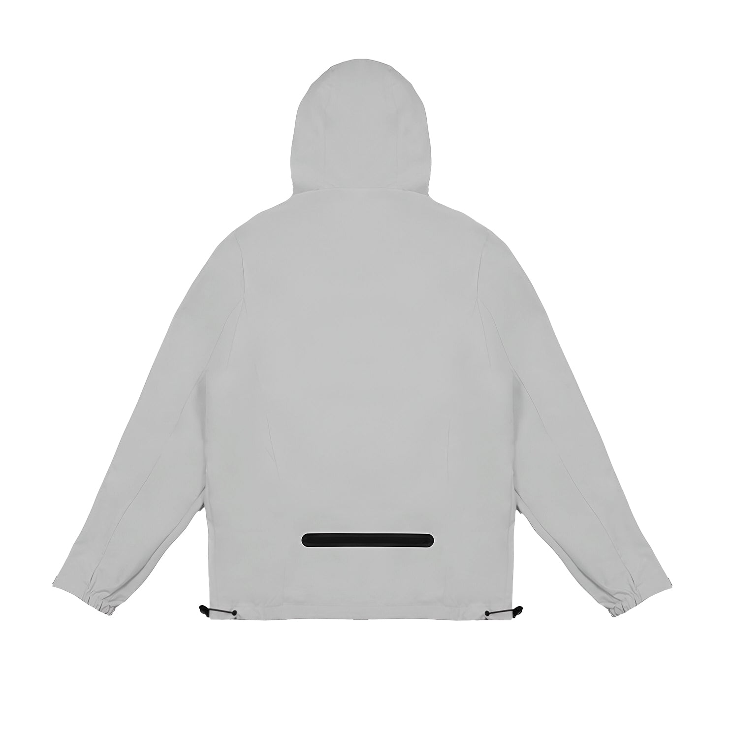 Back view of a light gray hooded jacket with long sleeves. The jacket features a minimalist design with a black horizontal zipper pocket near the lower back. The sleeves have elastic cuffs, and there are adjustable drawstrings at the hem for a customizable fit.