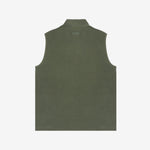 A flat-lay image of the olive-green vest’s back view, displaying a clean, minimalist design.