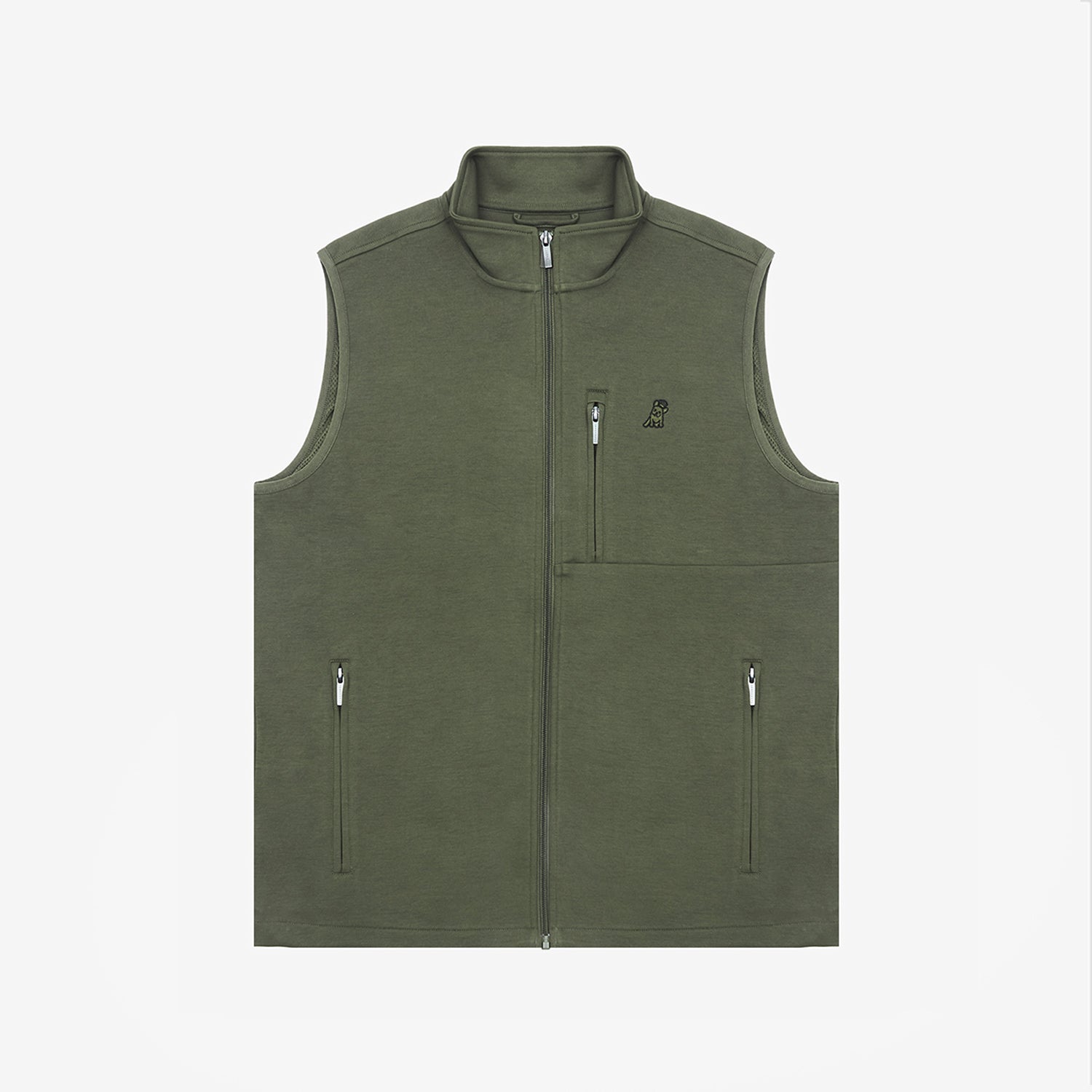 A flat-lay image of the olive-green vest, showing the front view with zippered pockets and a high collar.