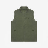 A flat-lay image of the olive-green vest, showing the front view with zippered pockets and a high collar.