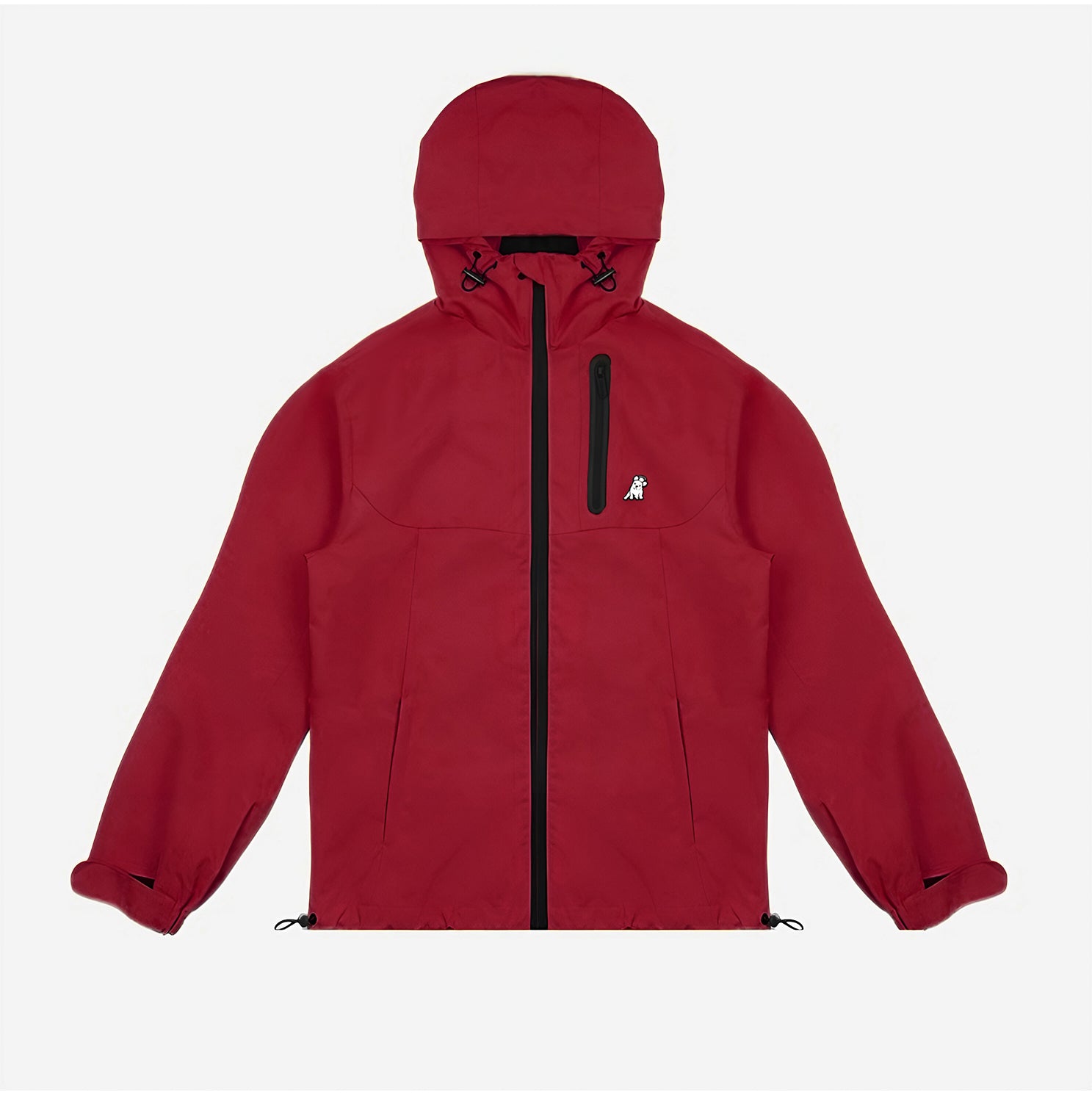 Flat-lay of the red jacket from the front, showing the hood and zipper.