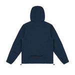 Back view of a navy blue hooded jacket with long sleeves. The jacket features a minimal design with a hidden zipper pocket located near the lower back. The sleeves have elastic cuffs, and adjustable drawstrings are visible at the hem.