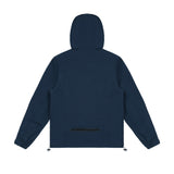 Back view of a navy blue hooded jacket with long sleeves. The jacket features a minimal design with a hidden zipper pocket located near the lower back. The sleeves have elastic cuffs, and adjustable drawstrings are visible at the hem.