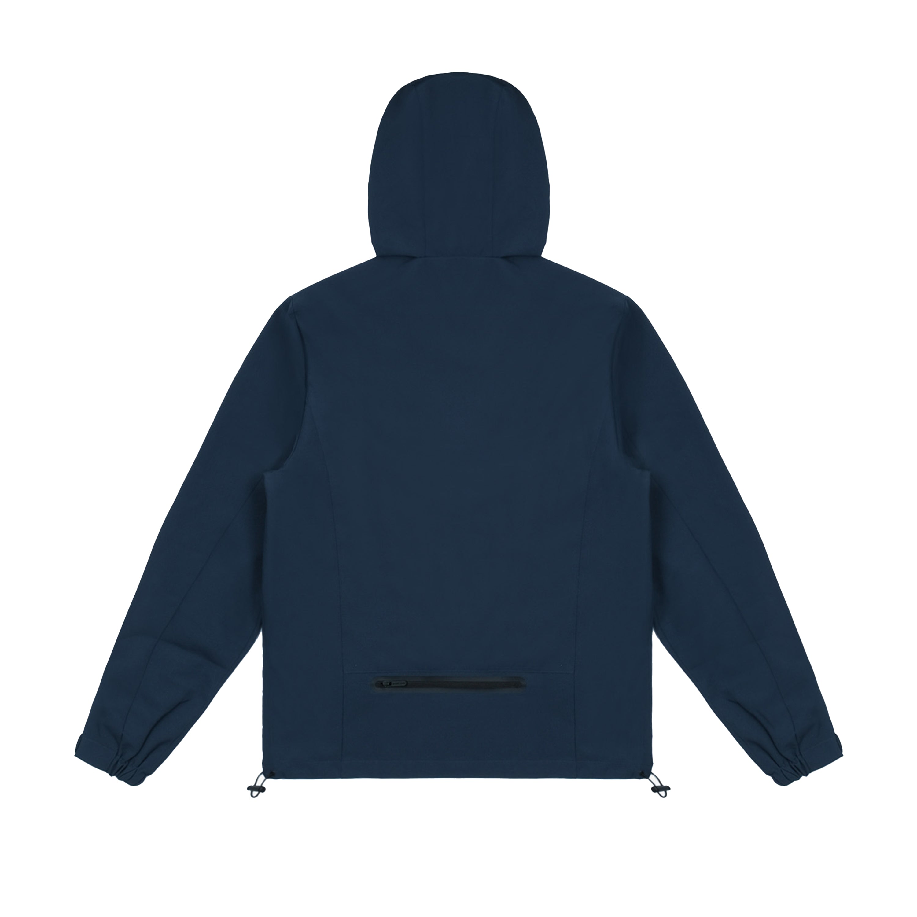 Back view of a navy blue hooded jacket with long sleeves. The jacket features a minimal design with a hidden zipper pocket located near the lower back. The sleeves have elastic cuffs, and adjustable drawstrings are visible at the hem.