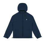 A navy blue hooded jacket displayed flat against a plain white background. The jacket has a front zipper, a zippered chest pocket on the left side, and a small white logo on the left chest. The hood is raised, and the sleeves are long with elastic cuffs.