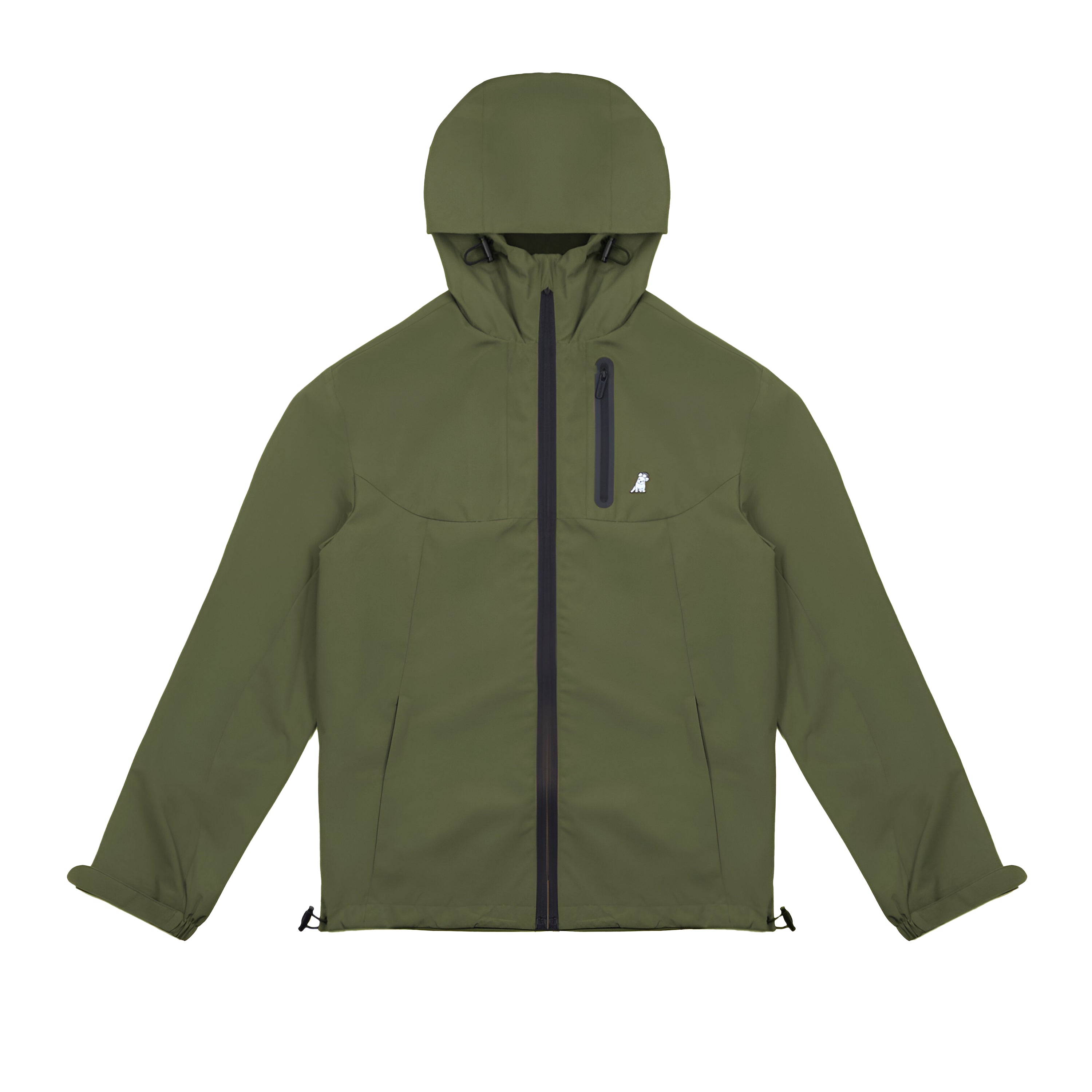  Front view of the green jacket with hood, showing the complete design.