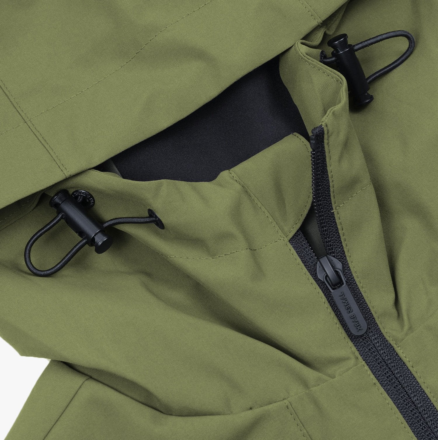 Full view of the green jacket with hood from the back, showing overall structure.