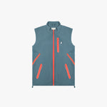 Flat-lay front view of the sleeveless light blue vest showing the orange zipper details.