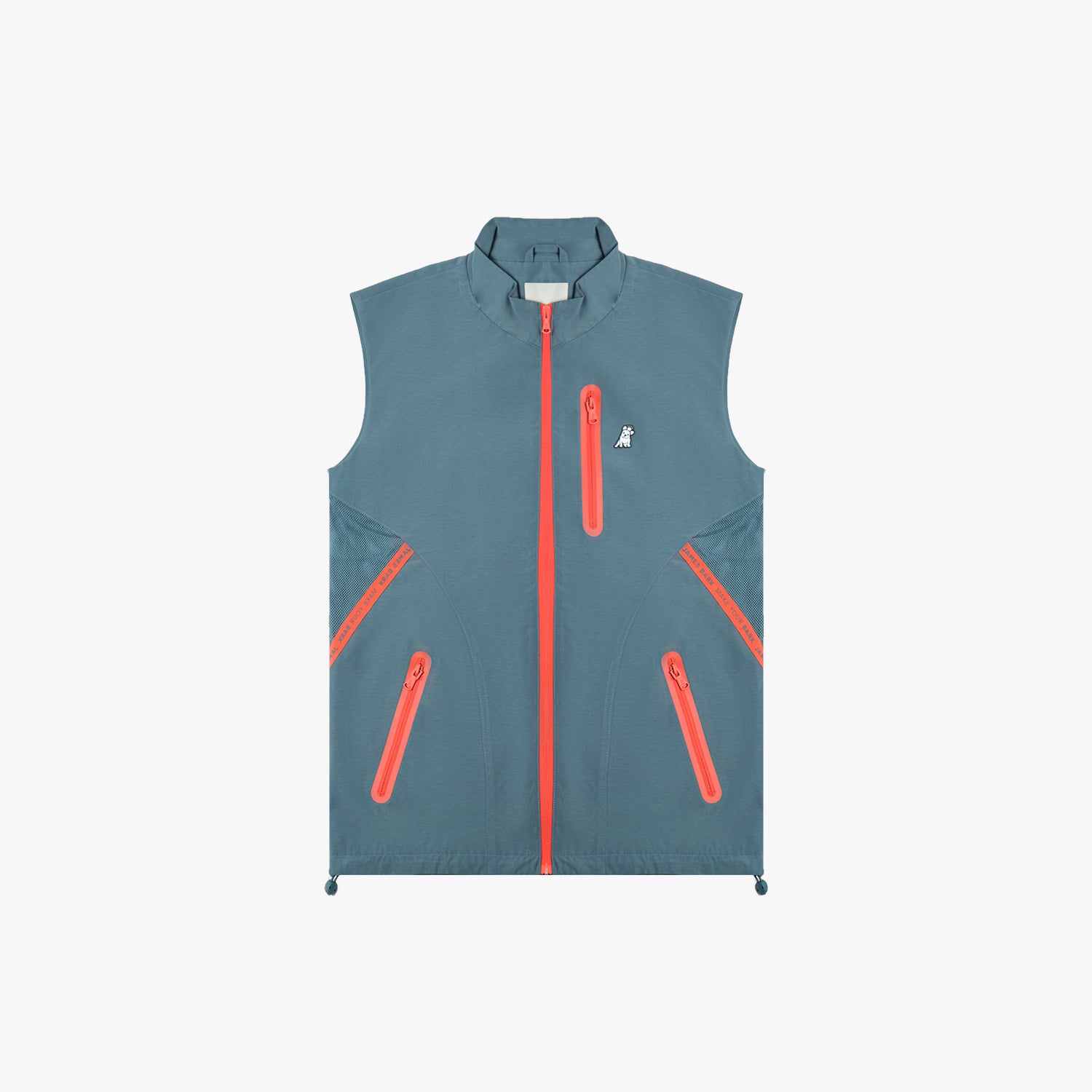 Flat-lay front view of the sleeveless light blue vest showing the orange zipper details.