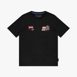 Black T-shirt with a graphic design on a white background