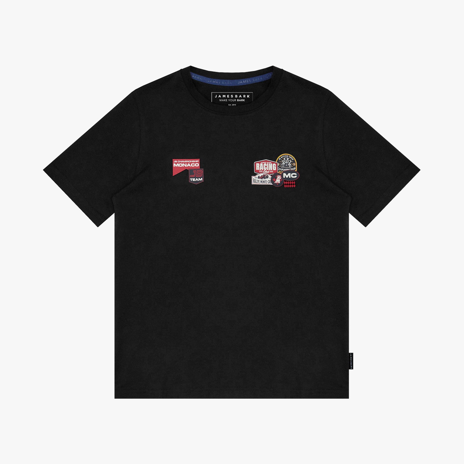 Black T-shirt with a graphic design on a white background