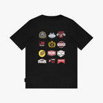 A black T-shirt with a graphic print of twelve racing-themed patches on the back