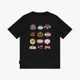 A black T-shirt with a graphic print of twelve racing-themed patches on the back