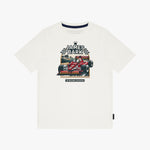 A white T-shirt featuring a graphic print of a red F1 race car with 'JAMES BARK' and 'RACING DRIVING' text