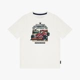A white T-shirt featuring a graphic print of a red F1 race car with 'JAMES BARK' and 'RACING DRIVING' text