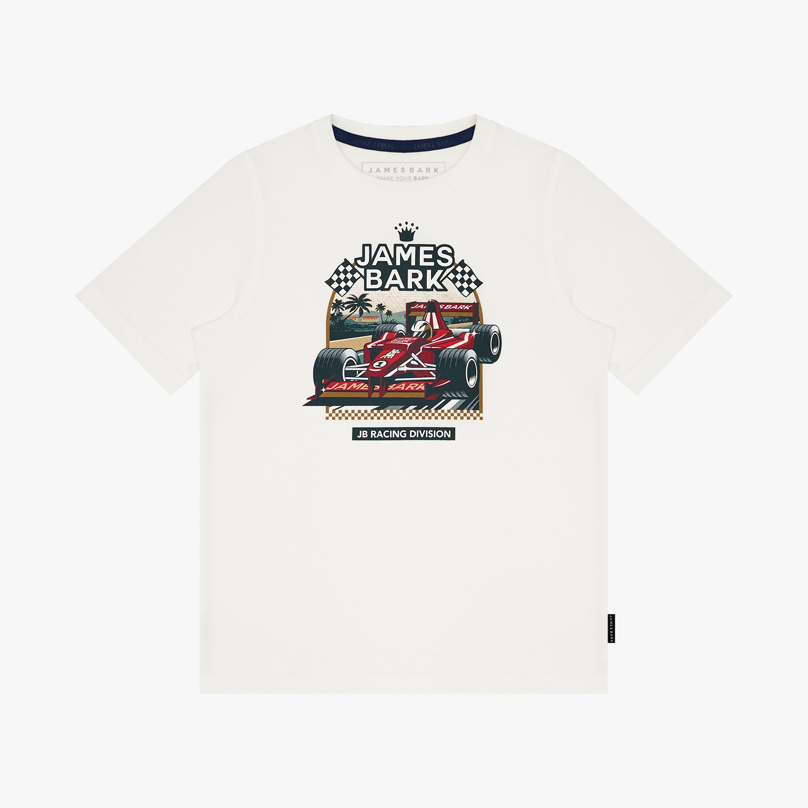 A white T-shirt featuring a graphic print of a red F1 race car with 'JAMES BARK' and 'RACING DRIVING' text