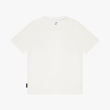 A plain white T-shirt shown from the back, featuring a small black tag on the lower left hem and a small gray graphic near the inner collar