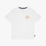 A white T-shirt by James Park, featuring a small gold crest logo on the left chest and a navy blue inner collar trim.