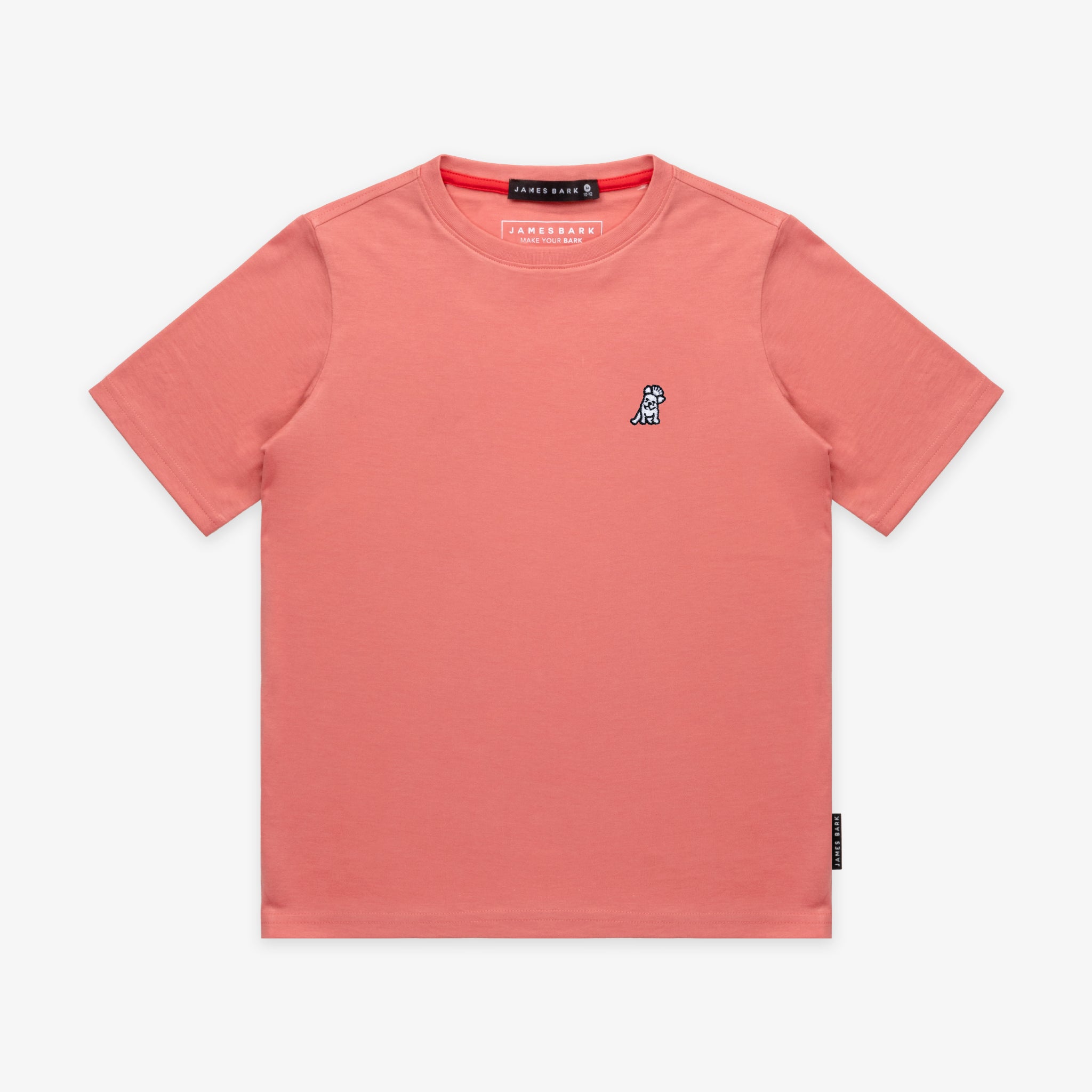 Flat-lay front view of the pink t-shirt showing the small white embroidered logo on the chest.