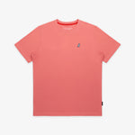 Flat-lay of the pink t-shirt: The shirt is laid flat, showcasing the full front design with the small white and black embroidered logo on the chest.