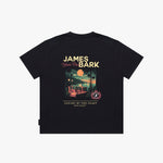 A black T-shirt shown flat, featuring a large graphic print on the back with the text 'JAMES BARK' and 'Luxury by the Coast'. The graphic depicts a sunset beach scene with a pool and palm trees.