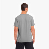 Man wearing a gray t-shirt on a white background