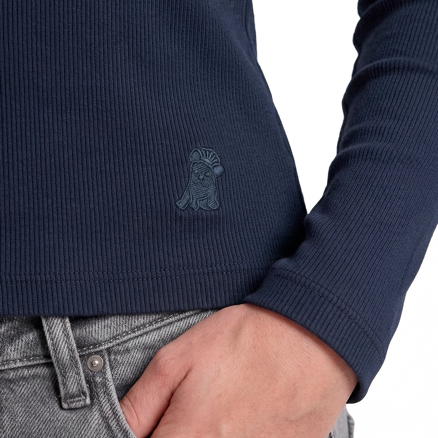 Navy blue sweater with a logo on a white background