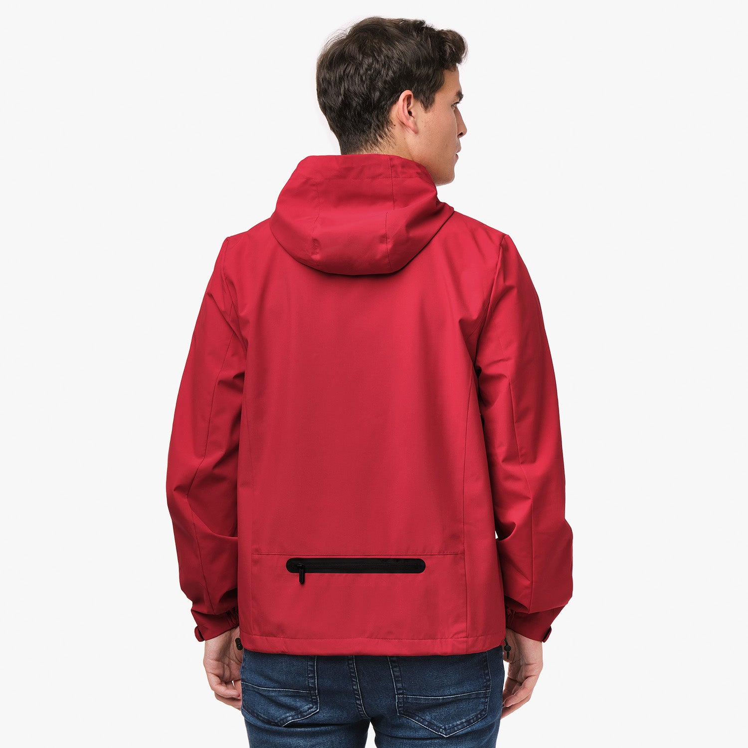 Back view of the red jacket on a model, highlighting the rear pocket.