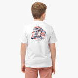 Rear view of a boy wearing a white T-shirt with a colorful graphic on the back, showing a detailed illustration in red, navy blue, and black.