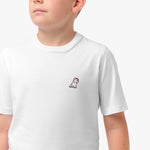 Close-up of the chest area of the white T-shirt, featuring the small embroidered logo.