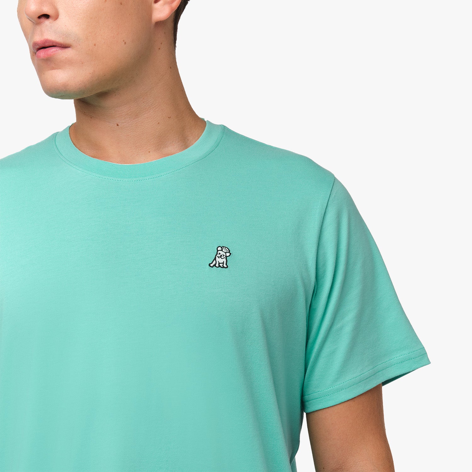 Close-up of the upper chest area of the mint green t-shirt, focusing on the small embroidered animal logo near the neckline.