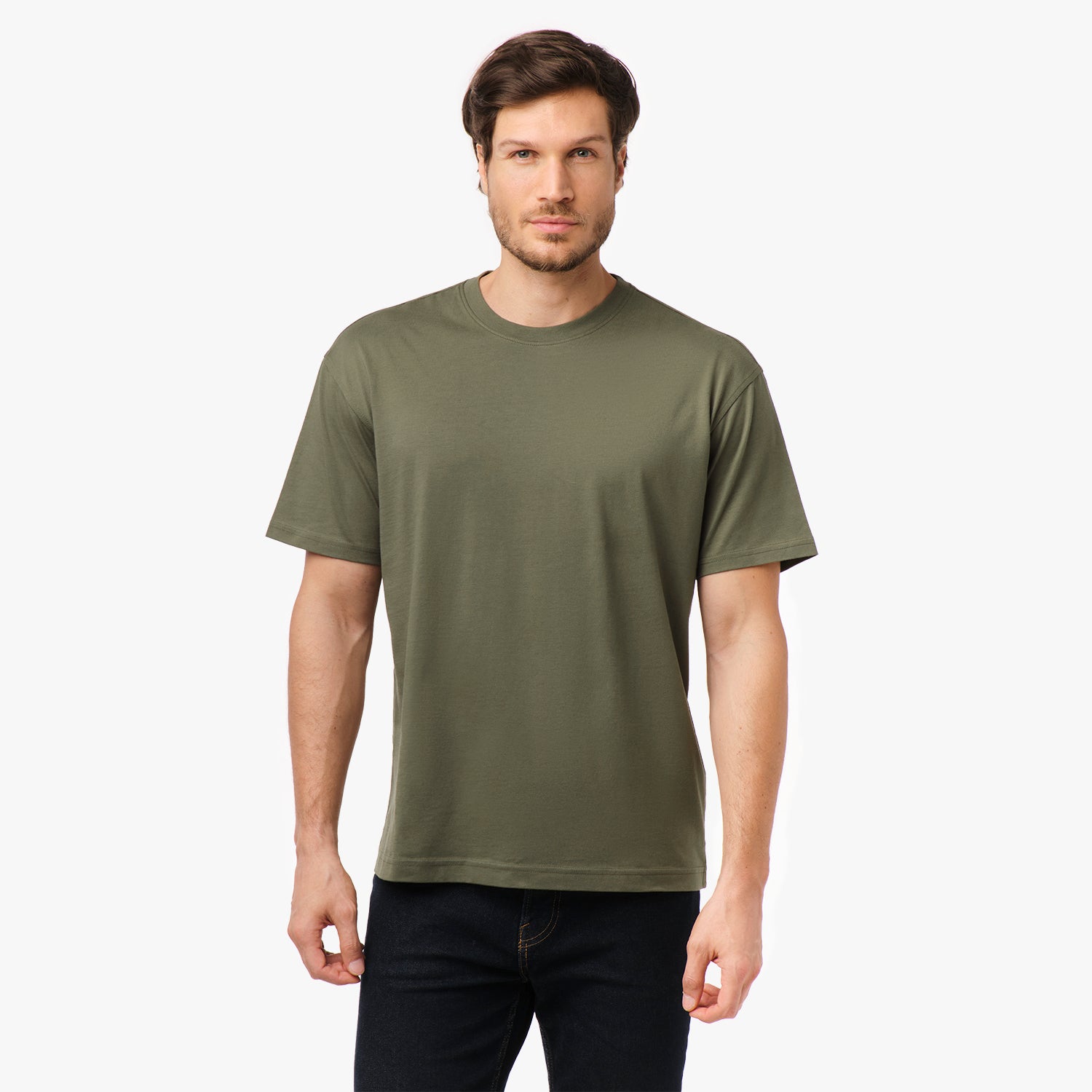 Model wearing an olive green t-shirt, facing forward with a neutral expression.
