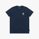 A navy blue T-shirt, featuring a small gold spade logo on the left chest, displayed flat