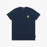 A navy blue T-shirt, featuring a small gold spade logo on the left chest, displayed flat
