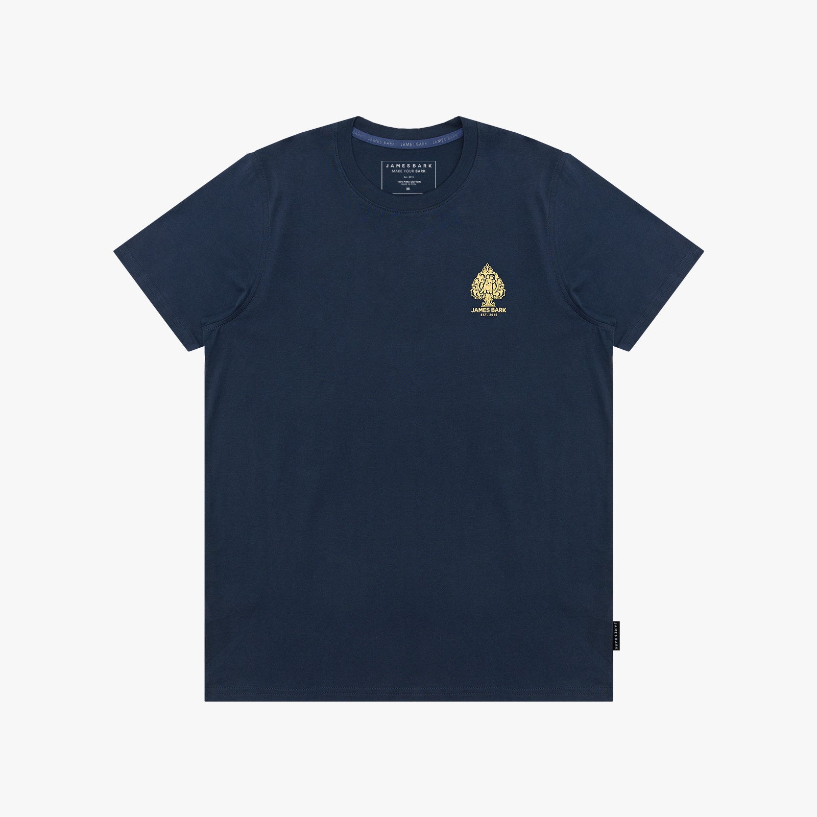 A navy blue T-shirt, featuring a small gold spade logo on the left chest, displayed flat