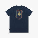 A navy blue T-shirt shown from the back, featuring a large graphic print of stacked playing cards with a gold spade and red numbers