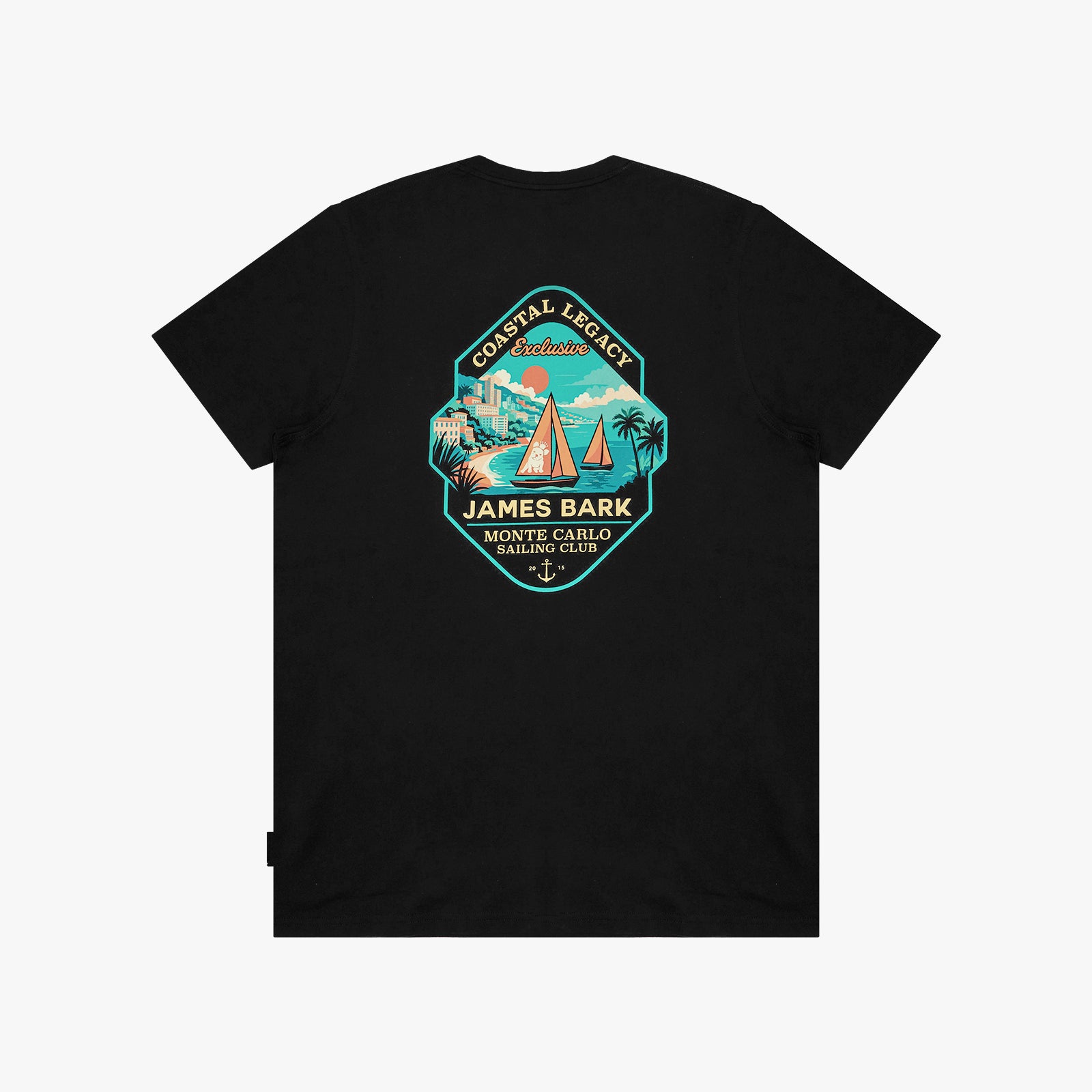 A black T-shirt with a large, colorful vintage-style graphic on the chest. The graphic features a teal and orange shield design with sailboats, mountains, and the text 'COASTAL LEGACY' and 'JAMES BARK'.
