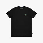 A black T-shirt with a small circular dog logo on the left chest