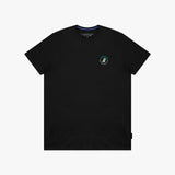 A black T-shirt with a small circular dog logo on the left chest