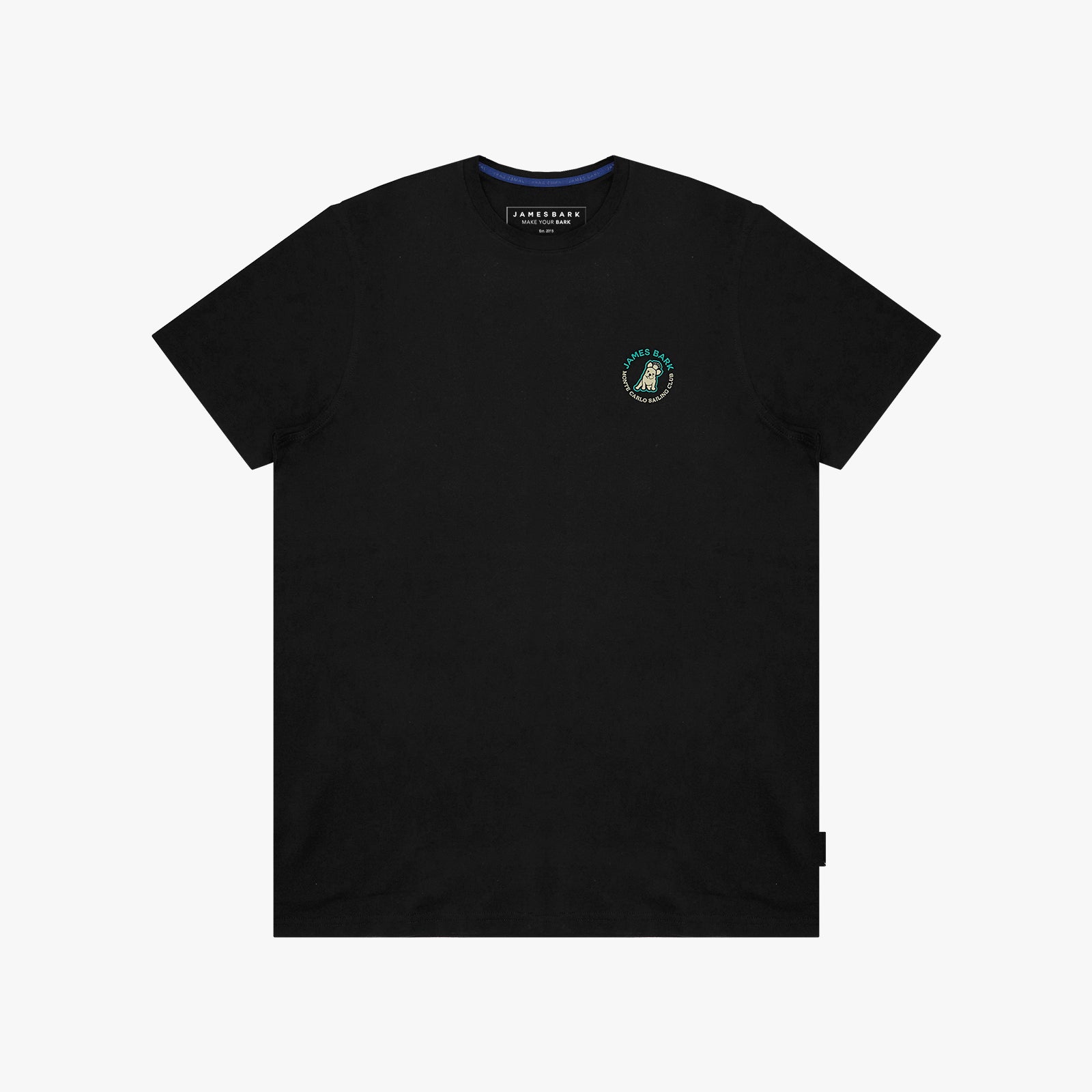 A black T-shirt with a small circular dog logo on the left chest